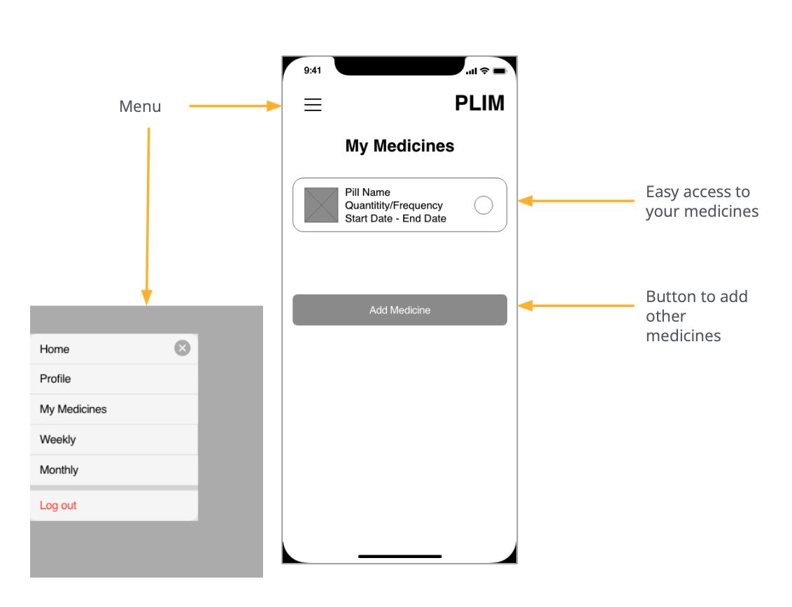 Digital Wireframe My medicies page